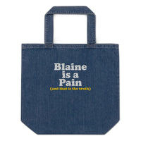 Blaine is a Pain Organic embroidered denim tote bag